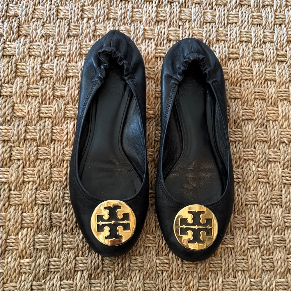 Tory Burch Black Leather Ballet Flats with Gold Accent